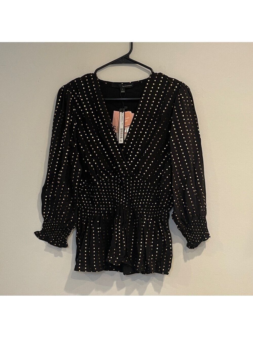 NWT Harvé Benard Black & Gold Smocked Top Size Large